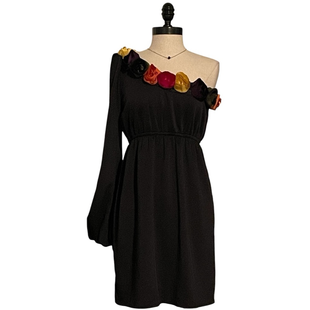 Judith March One Shoulder Balloon Sleeve Black Dress With Rosettes - Large - NWT